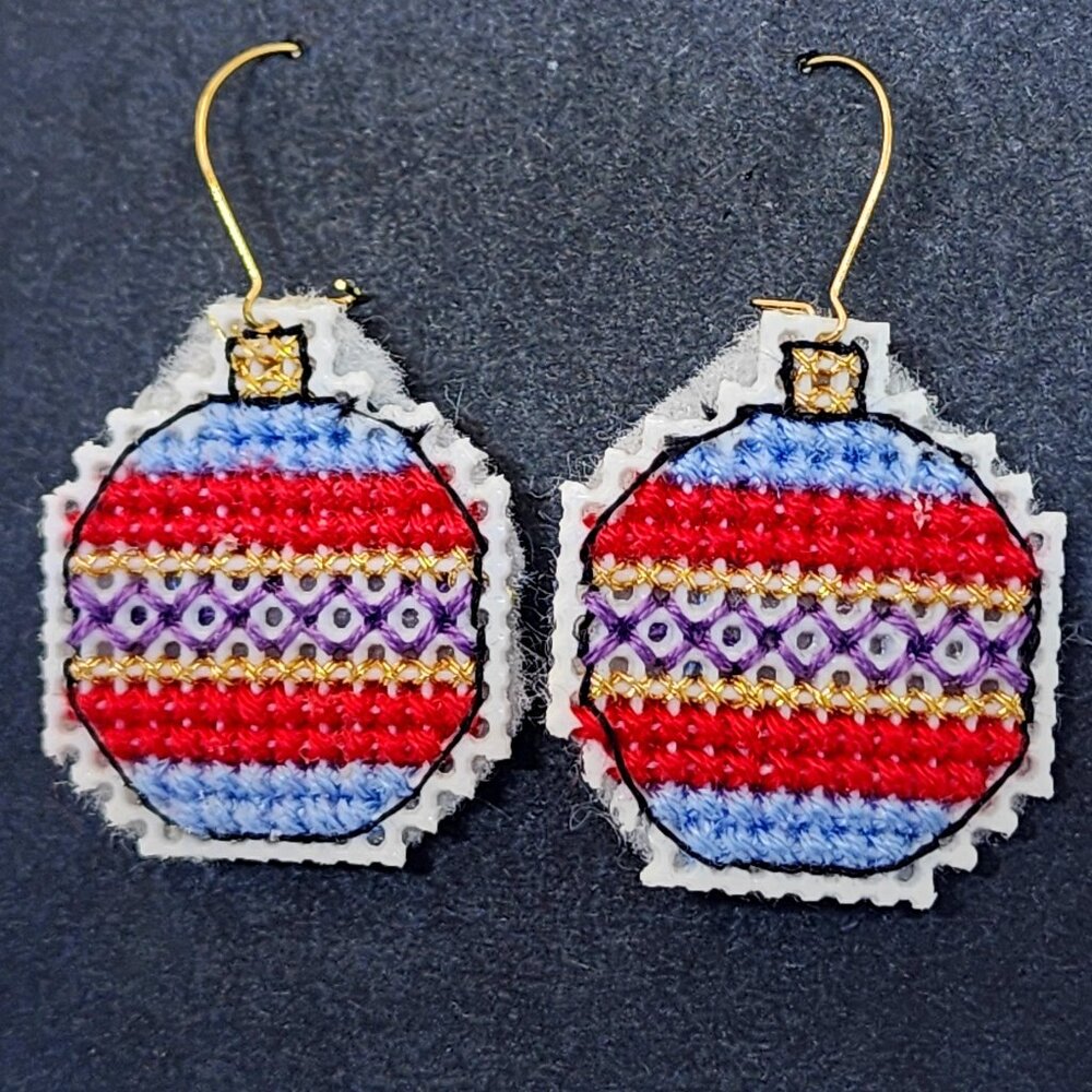 Holiday Christmas ORNAMENT BALL Cross Stitch Handmade Dangle Pierced Earrings
